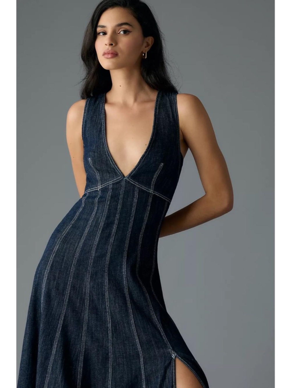 Pilcro Anthropologie Seamed V-Neck Denim Midi Dress - Picture 2 of 12